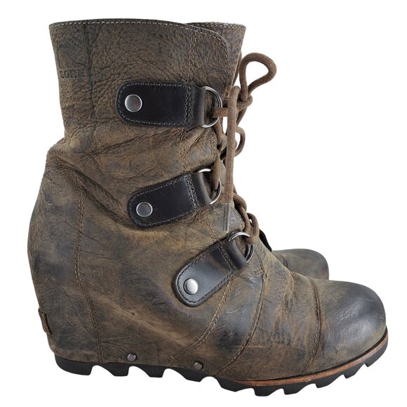Sorel Joan of Arctic Brown Leather Internal Wedge Boots Size 9 Distressed - Picture 13 of 16
